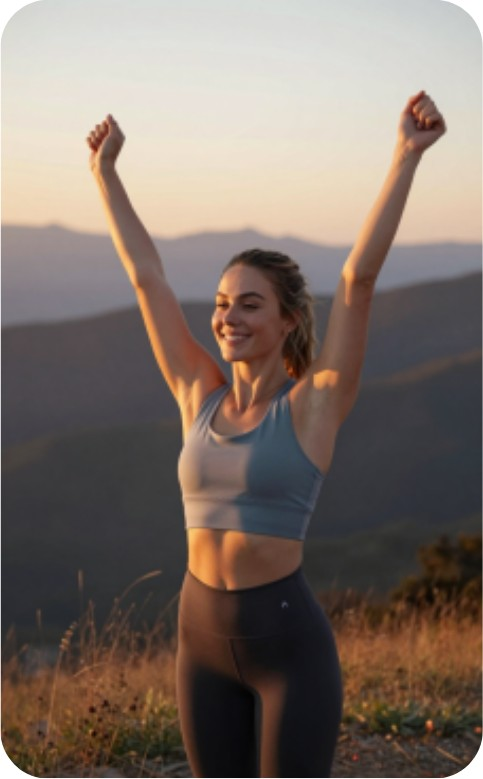 Woman celebrating with her arms raised at sunset