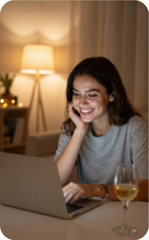 Woman smiling at her laptop during a video chat at home